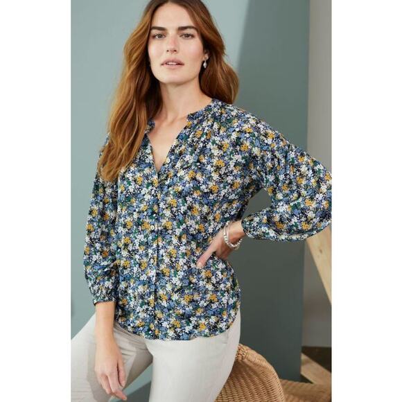 NWT J. Jill Smocked Relaxed Rayon Blouse Navy Blue Sm Wildflowers Womens Large - Picture 1 of 11